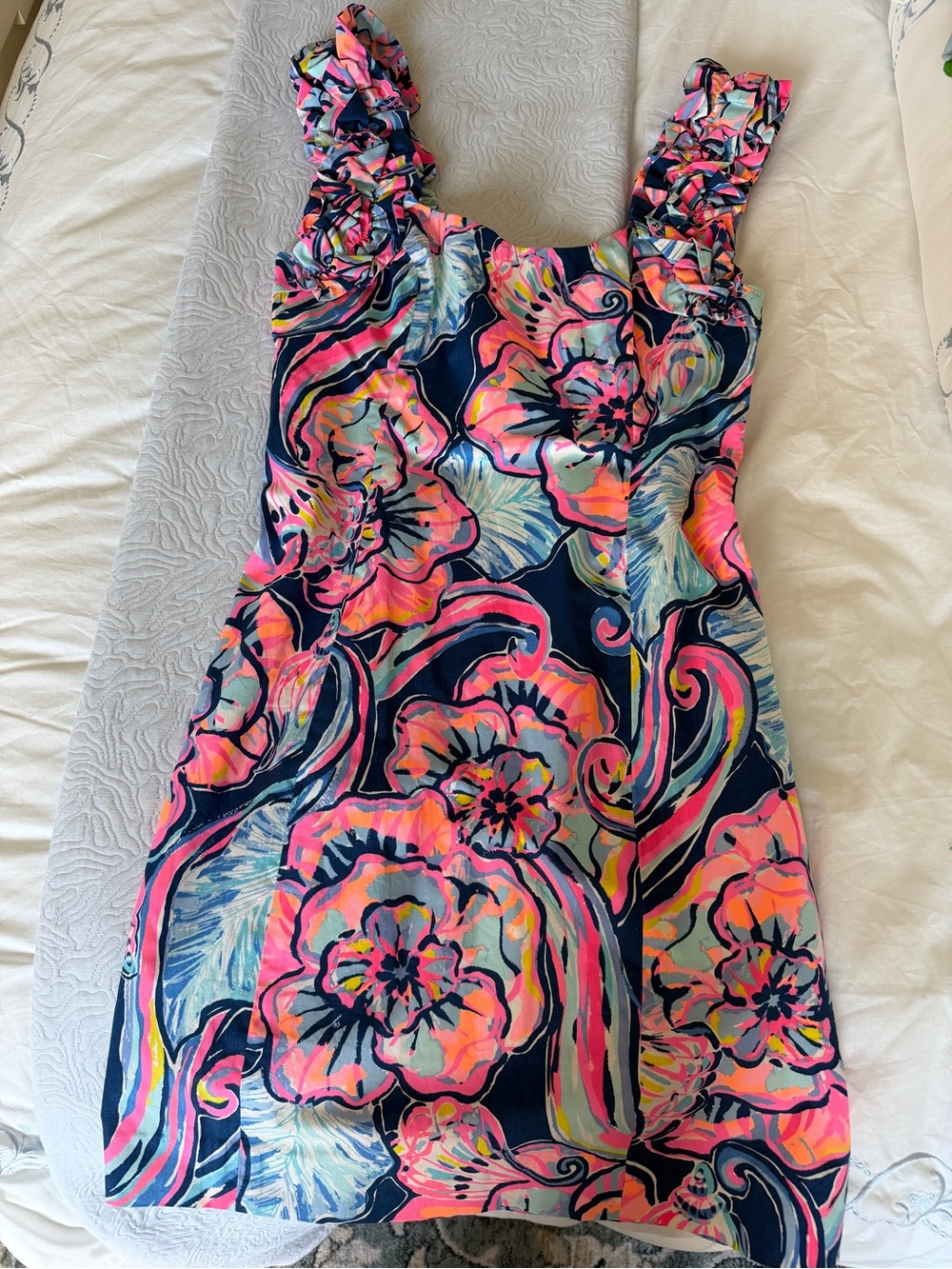 Lilly Pulitzer Navy Floral Ruffle Neck Dress with Pink & Aqua Print